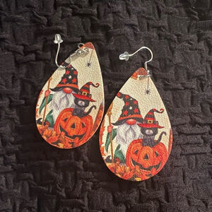 Faux Leather Pumpkin Cat Gnome Halloween Earrings